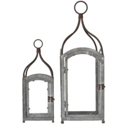 Ensemble 2 Lanternes Fer Patiné Gris 15x40cm