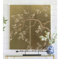 Ensemble 2 Tableaux Or Arbre Fleuris 55x4x120cm