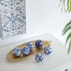 Ensemble 6 Boules Blanches Bleues Céramiques 10cm