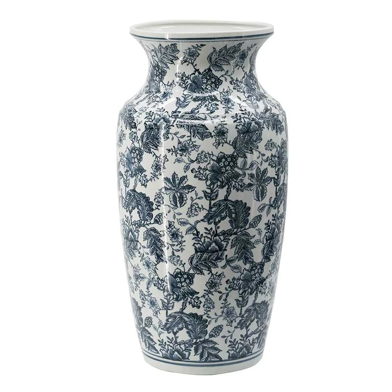 Grand Vase Céramique Floral Blanc Et Bleu 30x30x61cm – Image 2